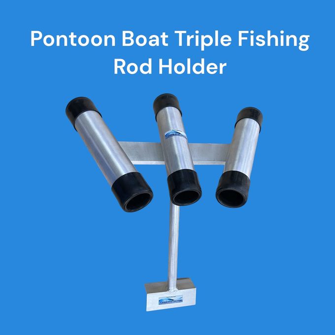 Triple fishing rod holder on a mount, silver with black ends, against a blue background.