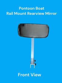Pontoon boat rail-mount rearview mirror, front view, with silver stem and rectangular black mirror