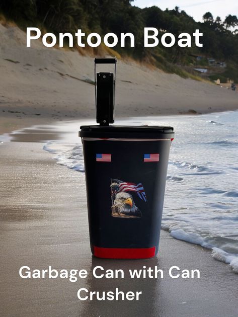 Garbage can with can crusher standing on a beach, labeled “Pontoon Boat Garbage Can Solution with Can Crusher.”