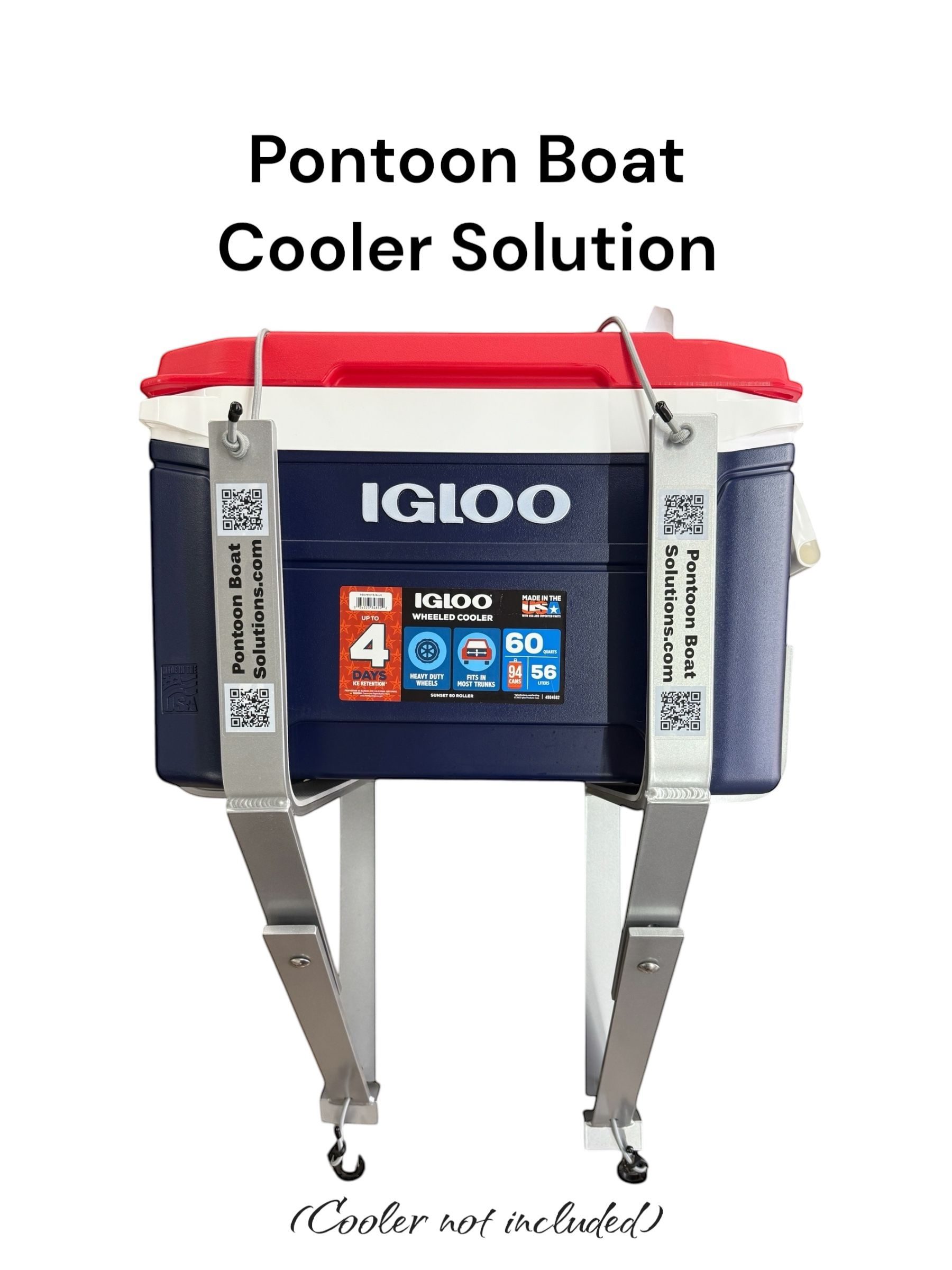 Pontoon boat cooler solution: white and navy Igloo cooler with red lid on a pontoon boat cooler solution