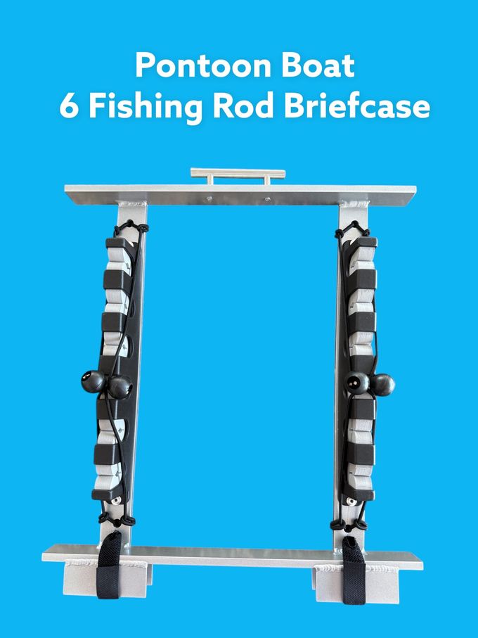 Pontoon boat 6 fishing rod briefcase holder on blue background with vertical rod straps