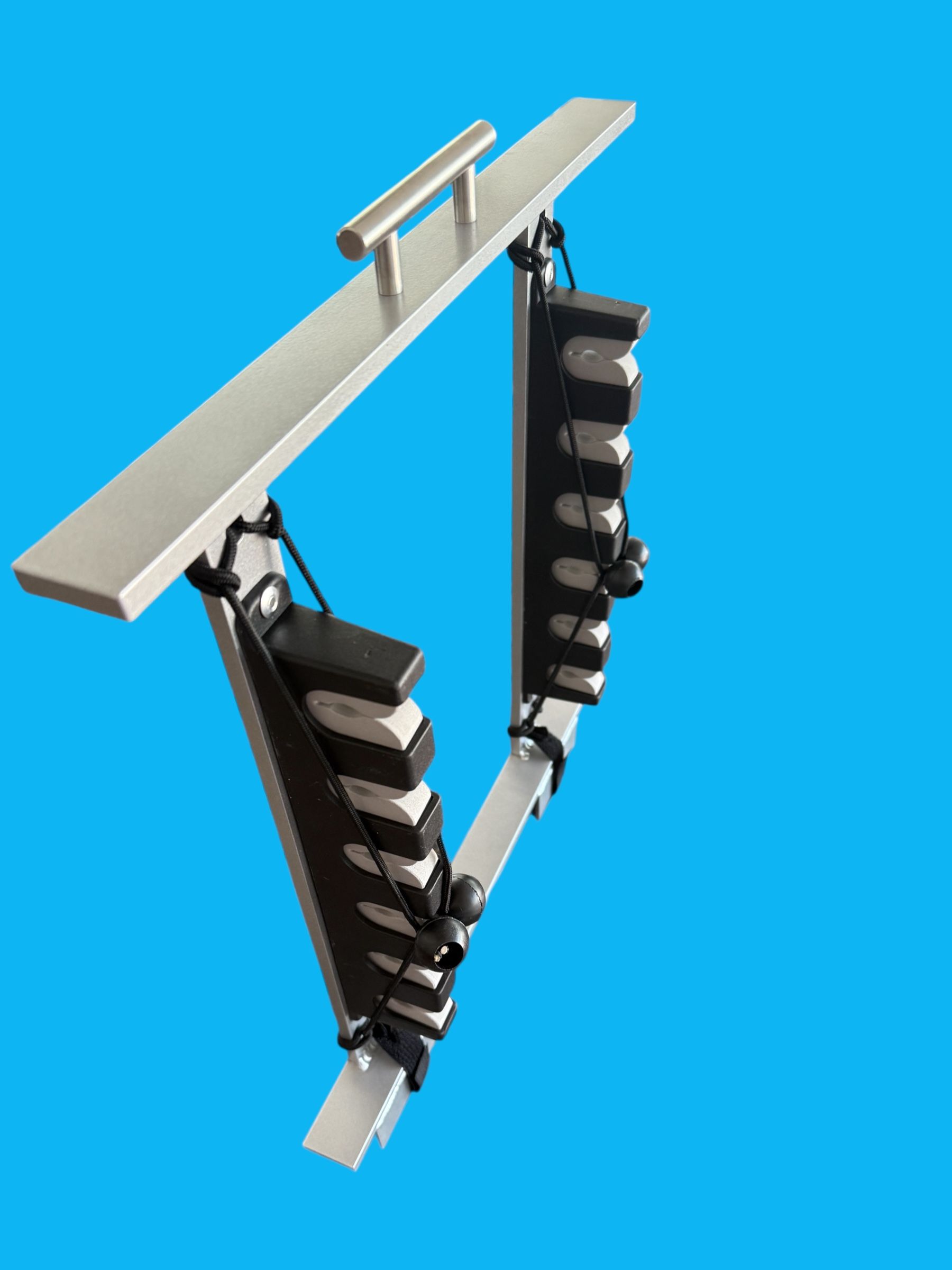 Pontoon boat 6 fishing rod briefcase with black-and-white straps and top/bottom mounting bars on blue background