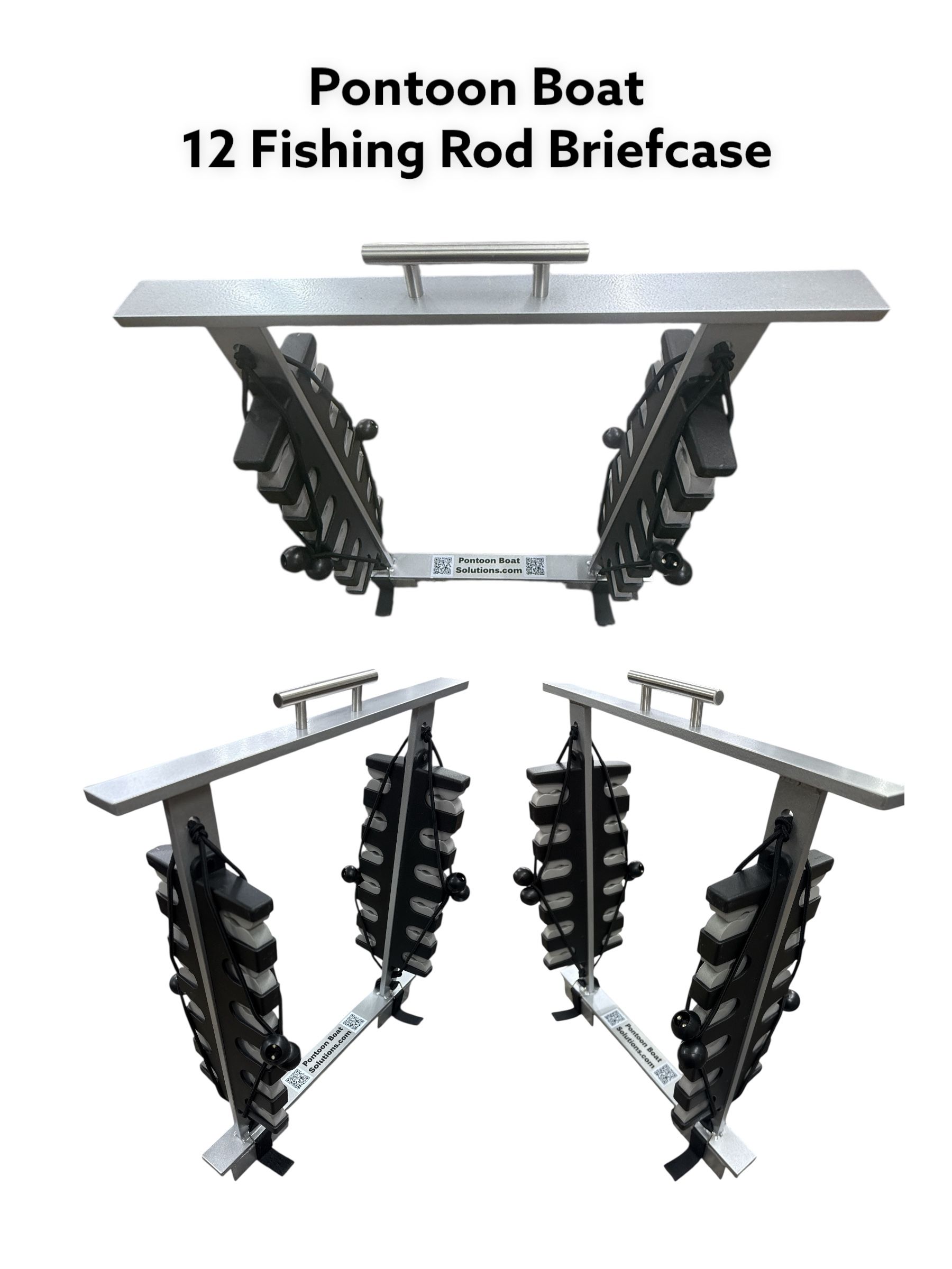 Pontoon boat 12-rod fishing briefcase rack, black and silver with blue background
