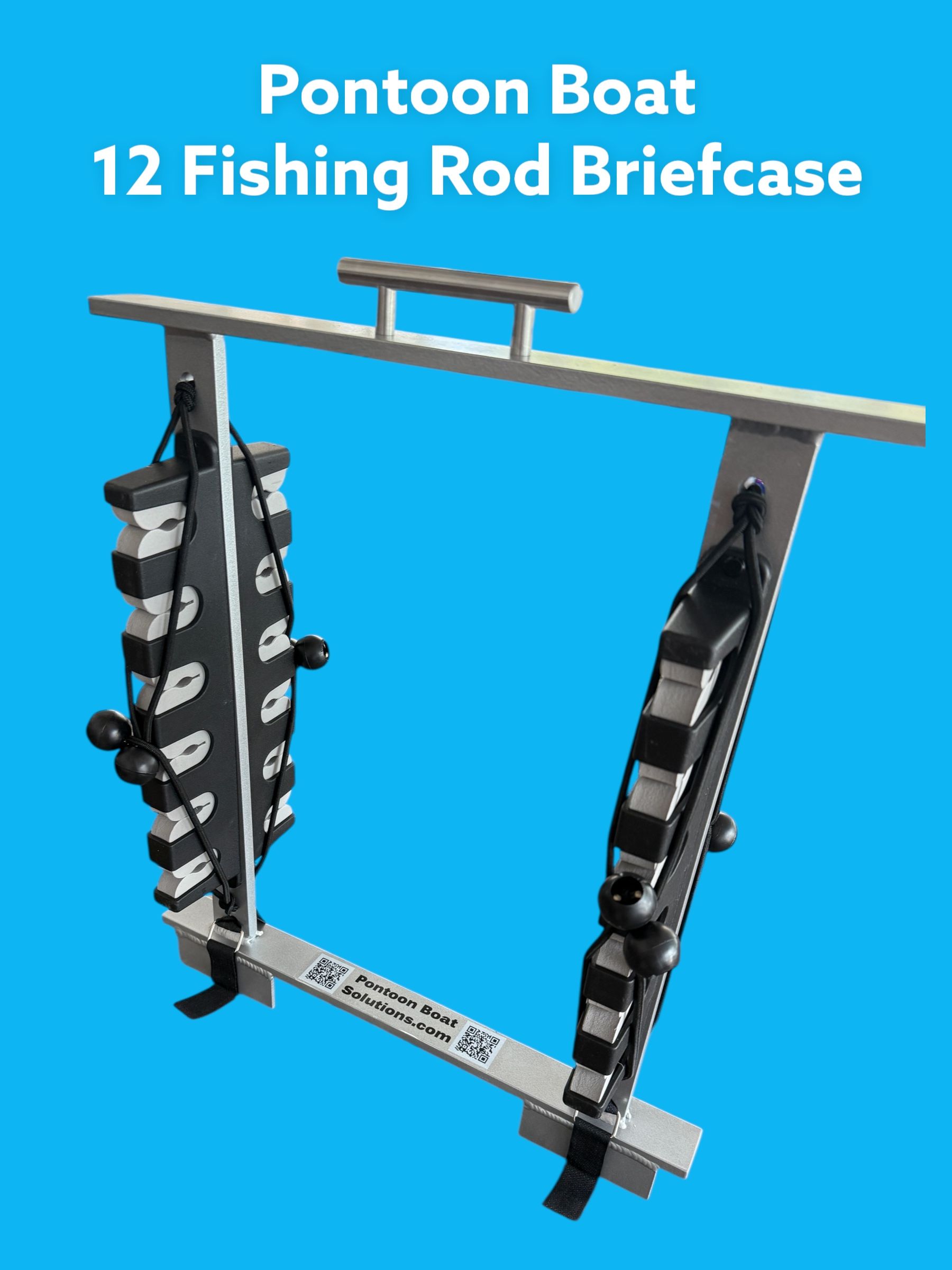 Pontoon boat 12-fishing-rod briefcase rack, black and silver.