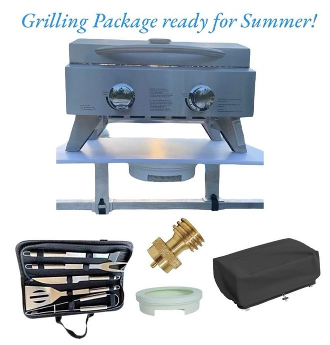 Pontoon Boat 3-in-1  Gas Grill with accessories, with text “Grilling Package ready for Summer!”
