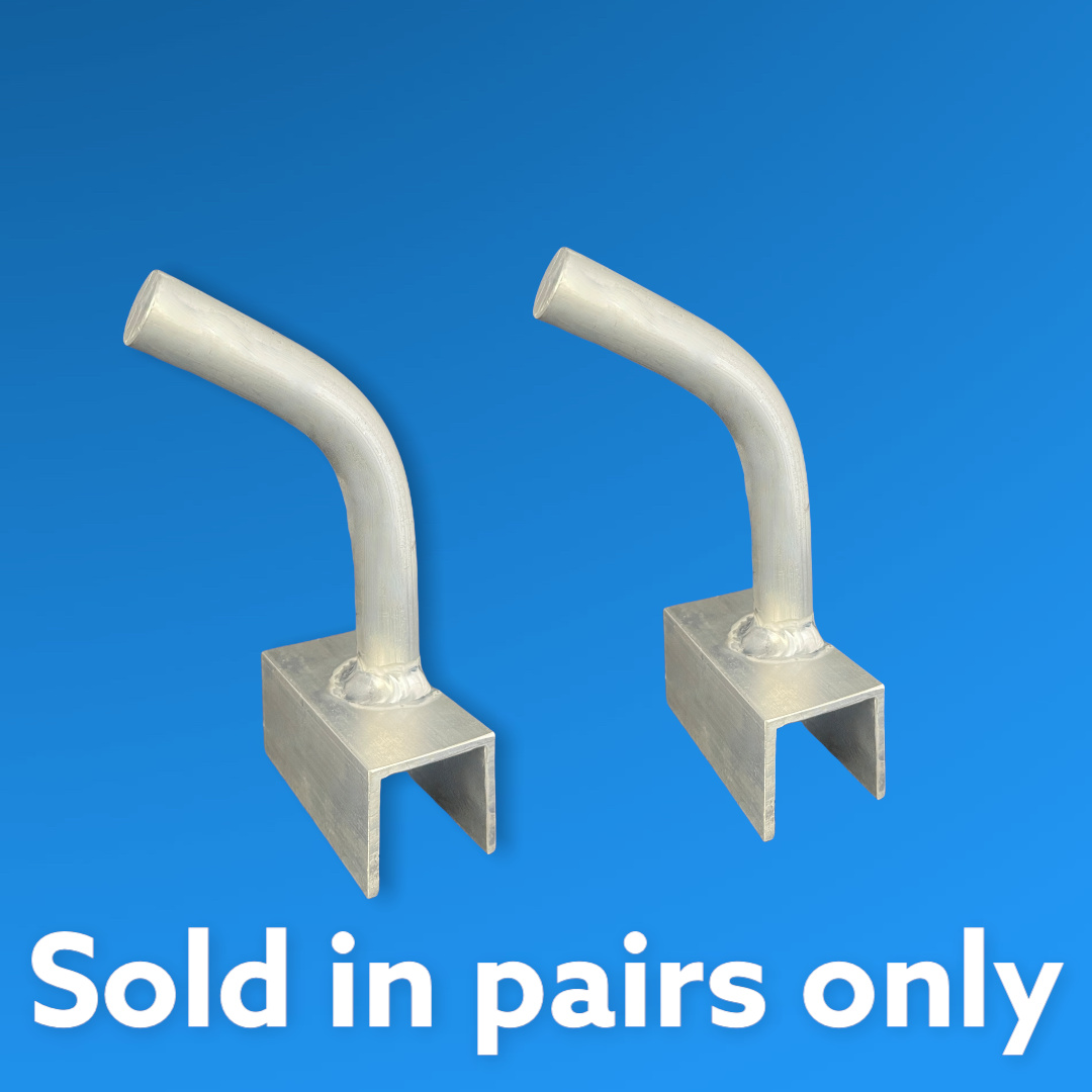Two silver metal brackets on blue background with text “Sold in pairs only”