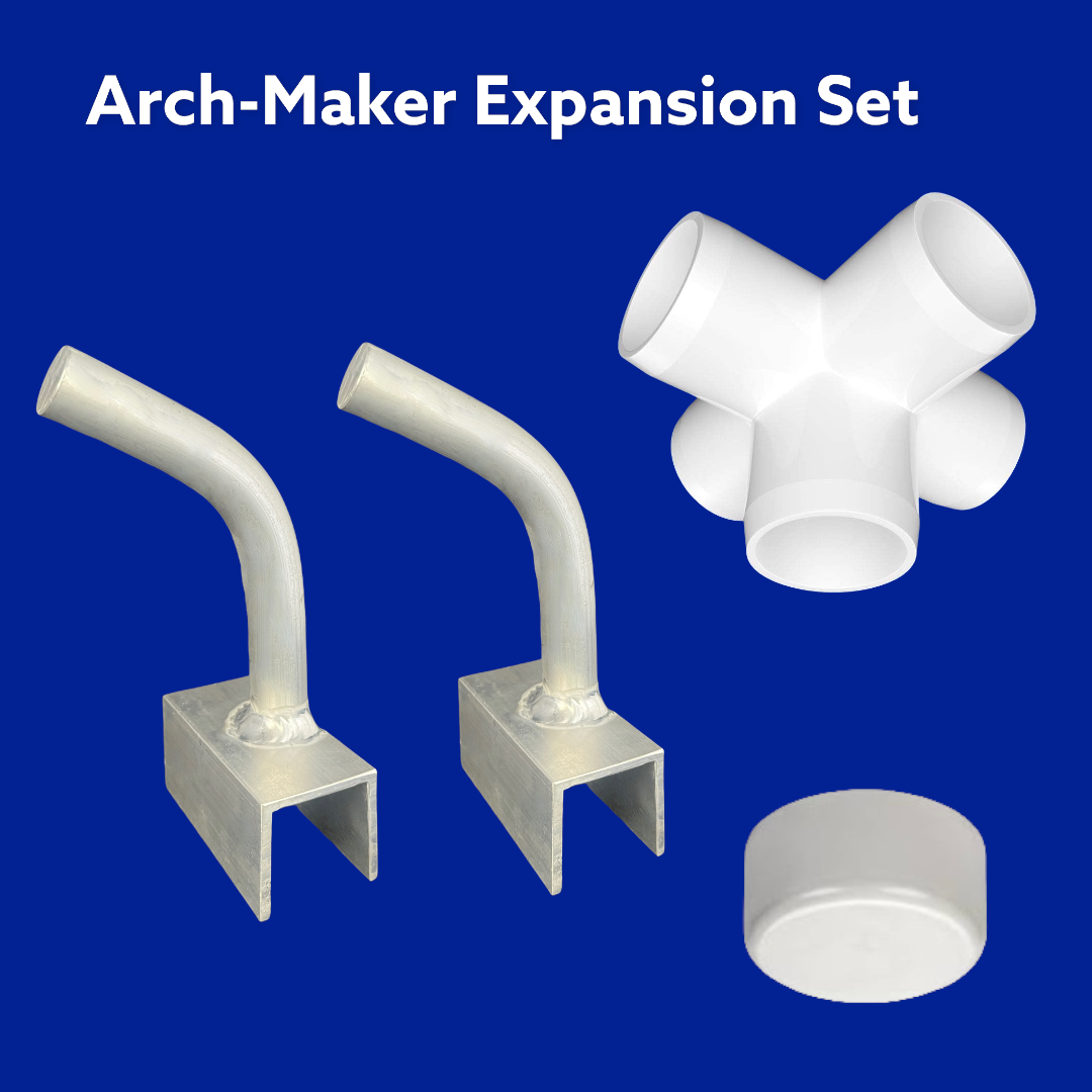Arch-Maker Expansion Set with two metal arch pieces and three white connector parts on blue background