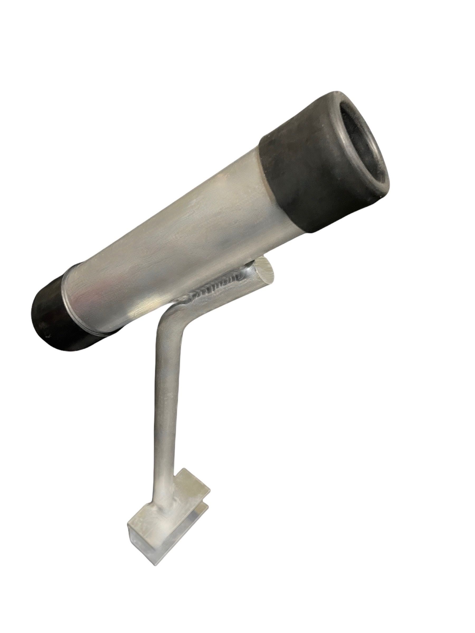 9-inch left-angle rod holder with silver tube on a stand against blue background