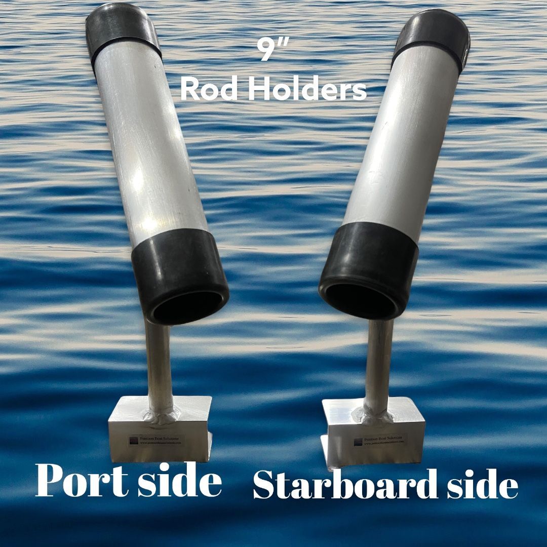 Pair of silver and black rod holders on stands over blue water background, labeled 9-inch rise.