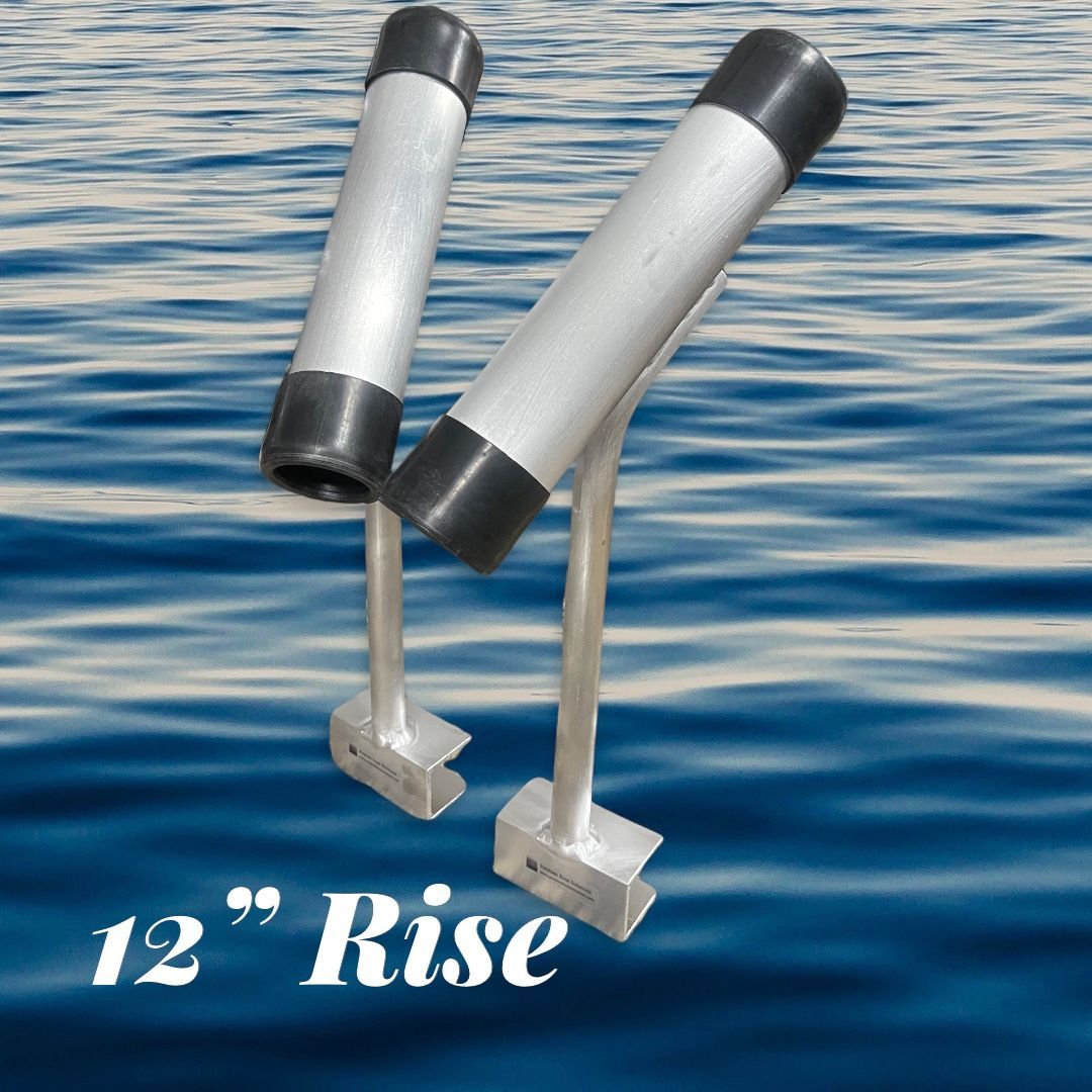 Pair of silver pontoon boat fishing rod holders on blue water, labeled 12