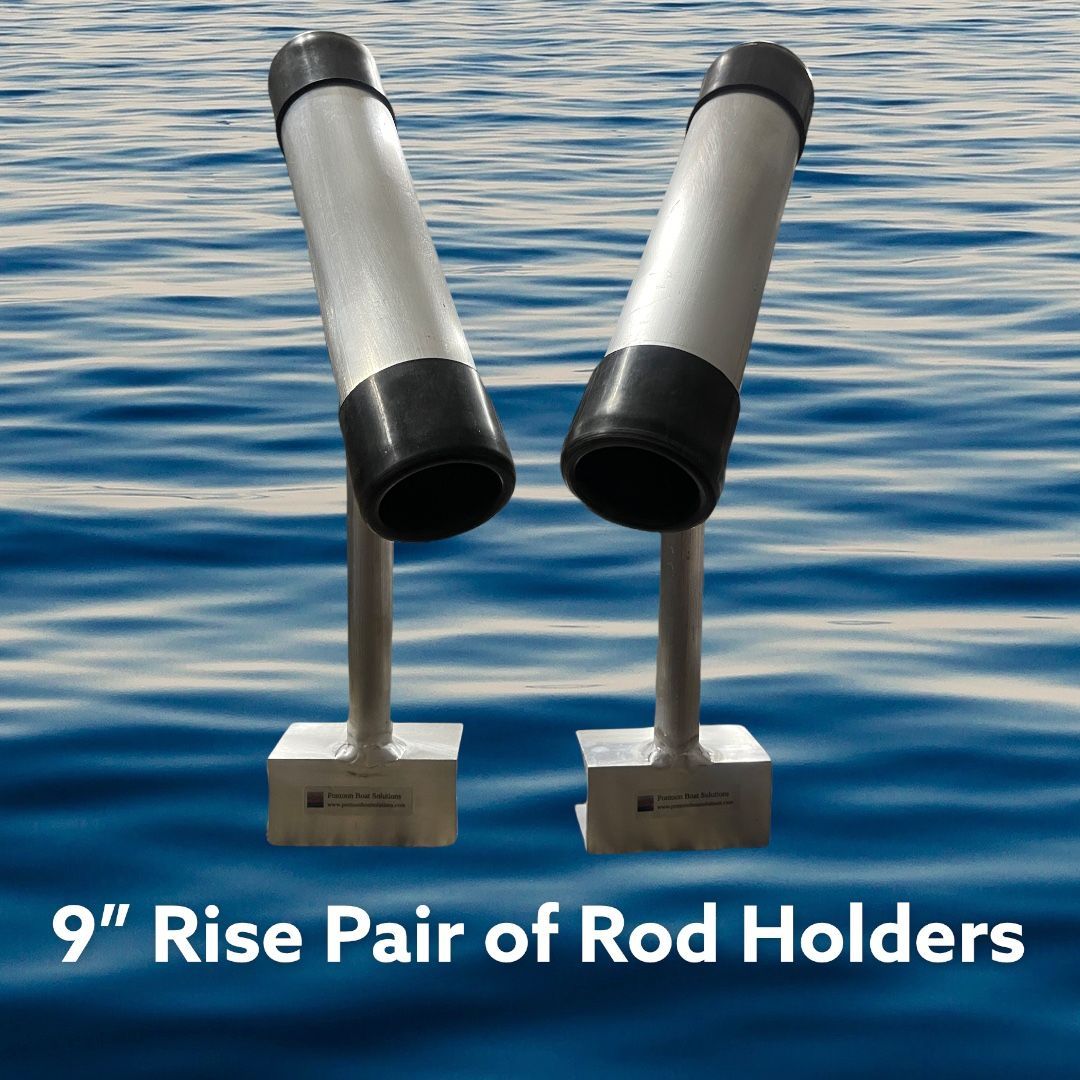 Pair of silver and black rod holders on stands over blue water background, labeled 9-inch rise.