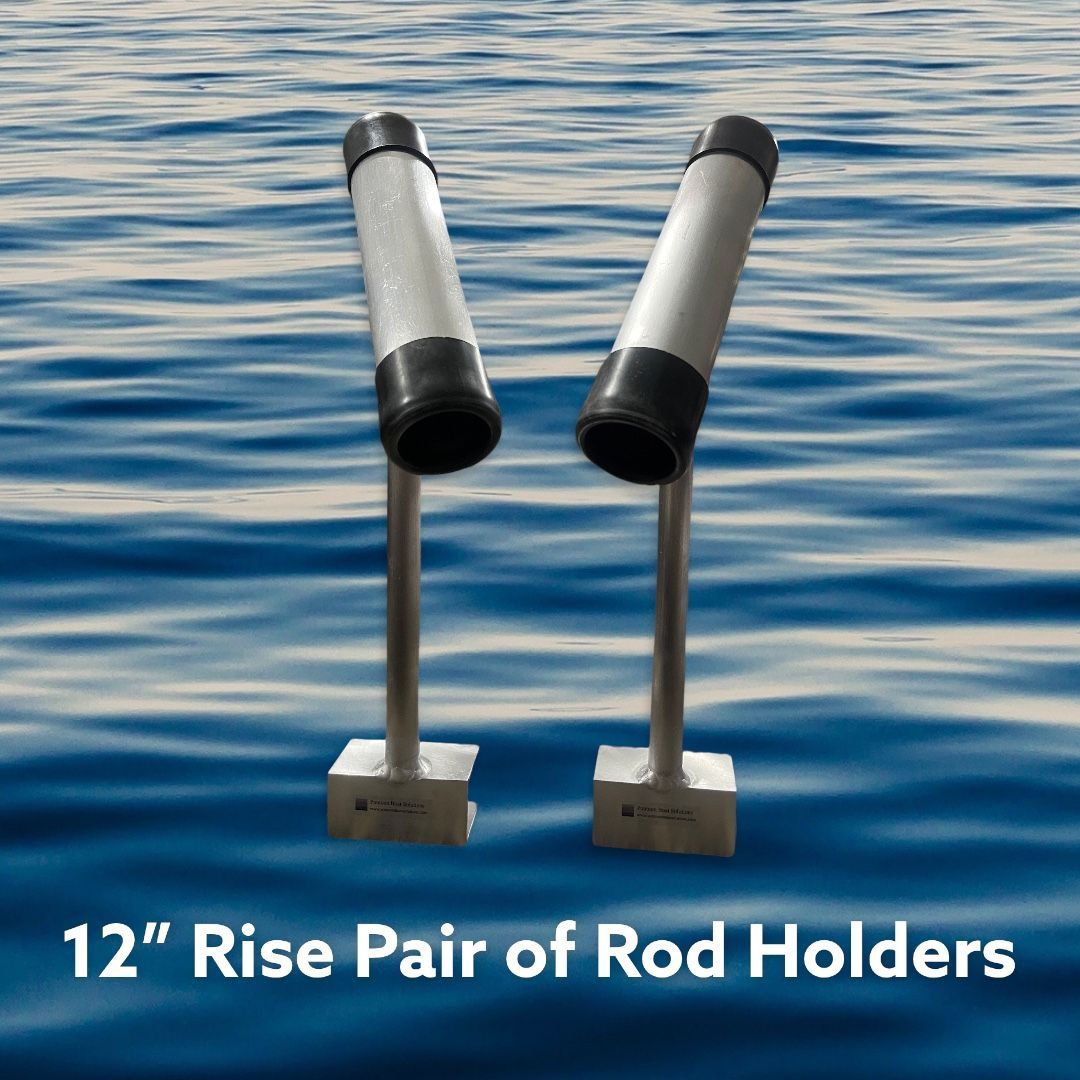 Pair of silver pontoon boat fishing rod holders on blue water, labeled 12