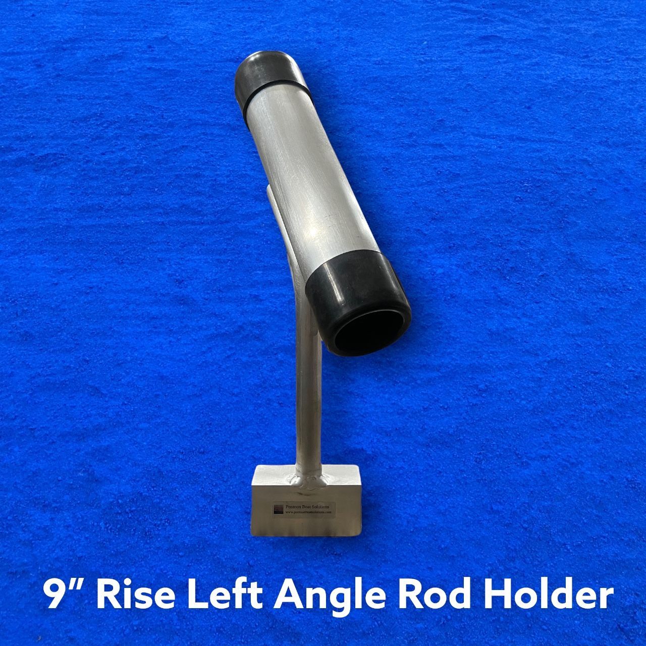 9-inch left-angle rod holder with silver tube on a stand against blue background