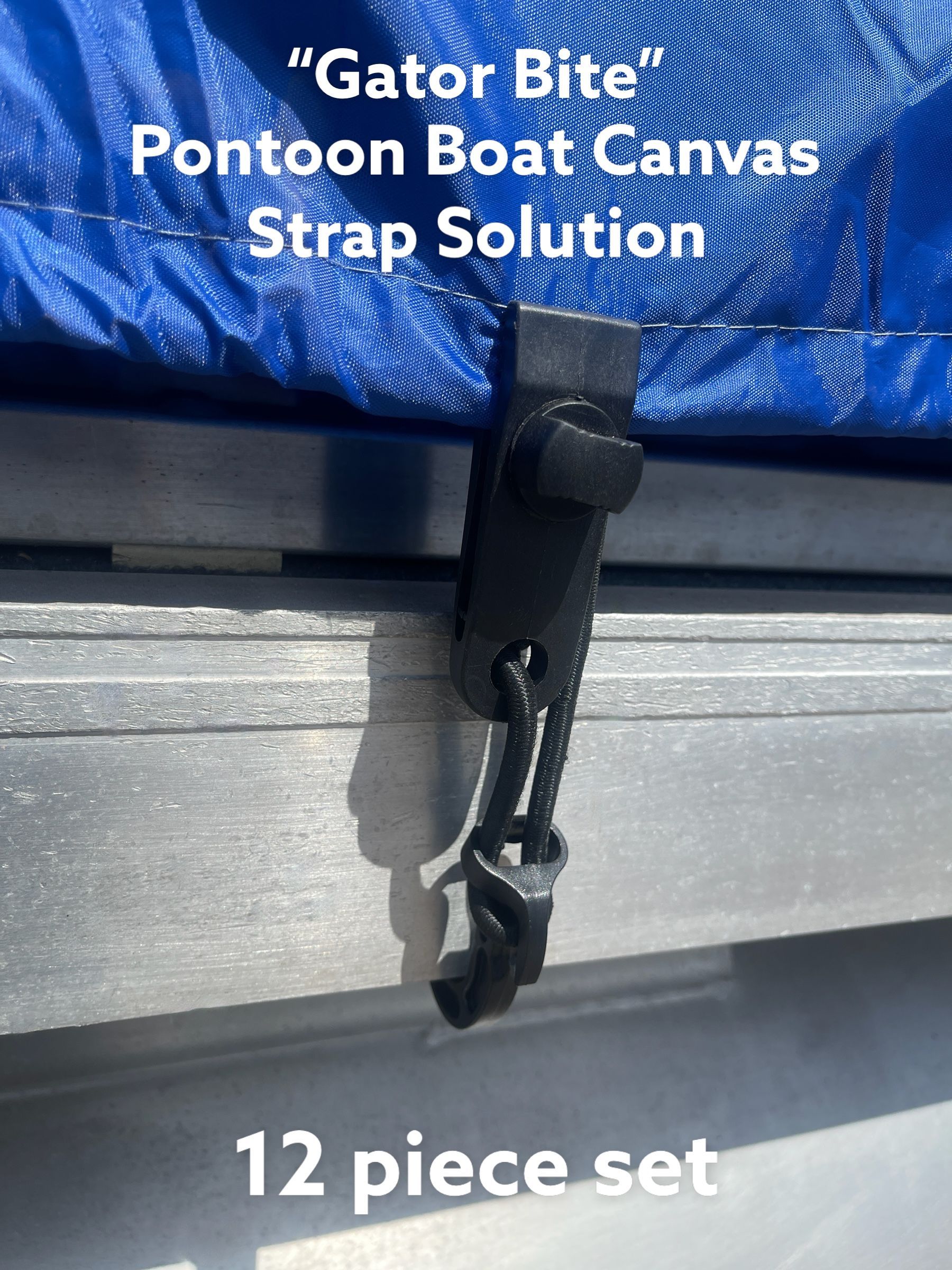 “Gator Bite” pontoon boat canvas strap solution with black-and-blue straps and hooks on a white background