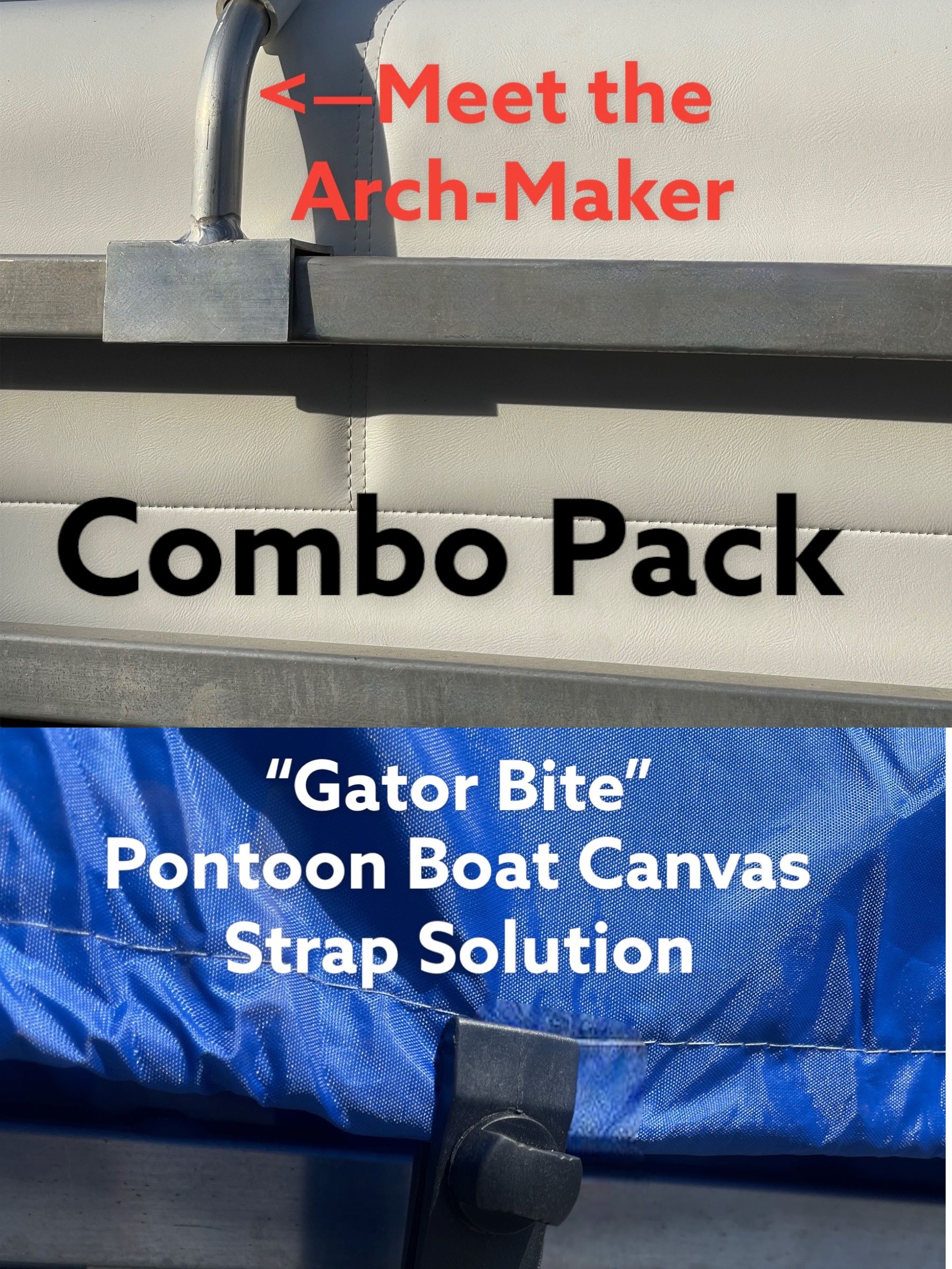 Advertisement for a pontoon boat canvas solution, with white straps on a blue background and bold text.