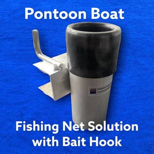 Pontoon boat fishing net solution with bait hook, silver and black device on blue background.