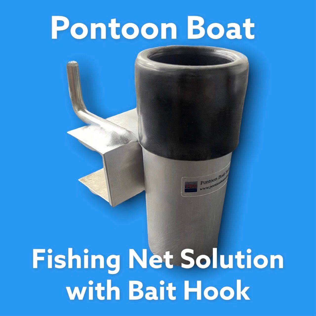 Blue ad for a pontoon boat fishing net solution with bait hook, showing a black float and metal bracket.