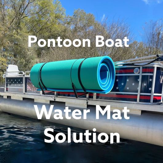 Pontoon boat with rolled teal water mat in a Pontoon Boat Water Mat Solution.