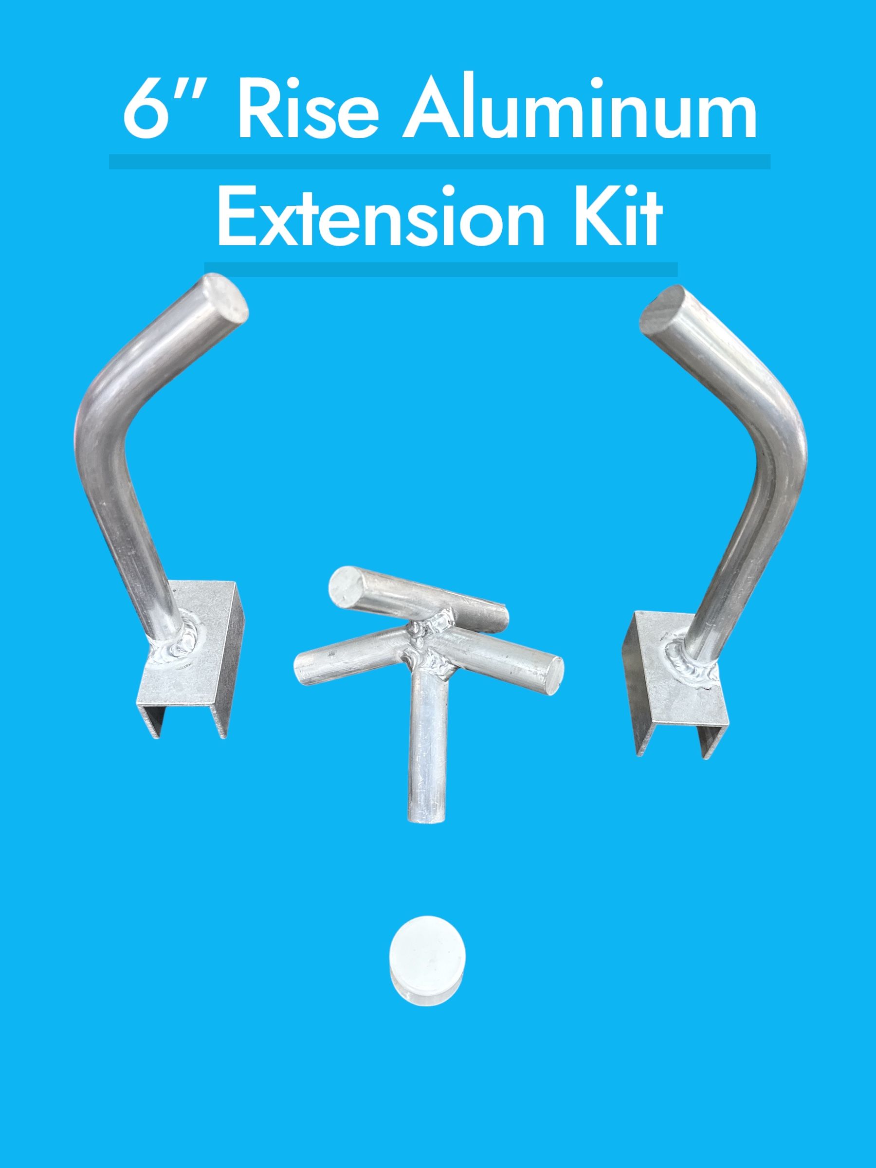 6-inch Rise Aluminum Extension Kit with curved silver brackets and mounting hardware on a blue background