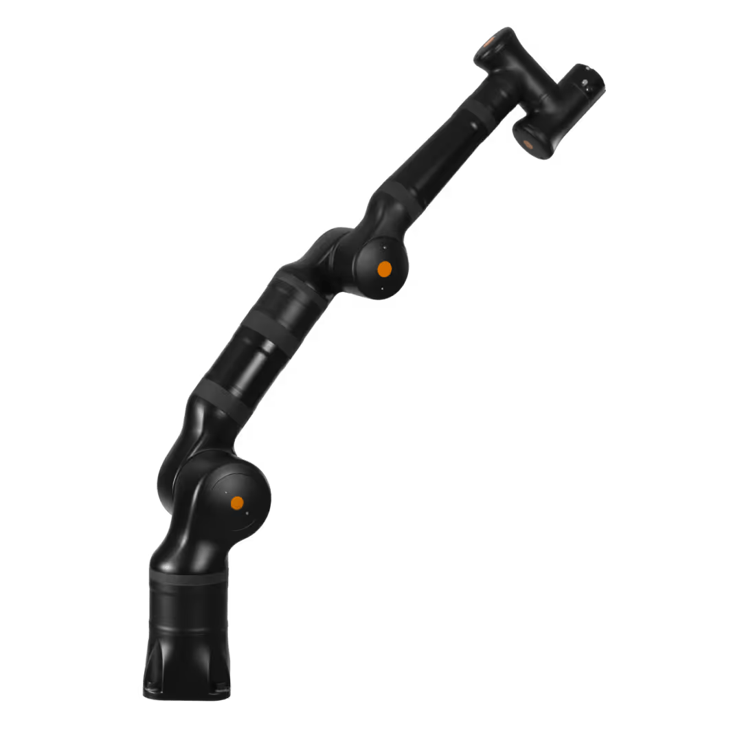 Black portable measuring arm, angled, with orange joints, against a black background.