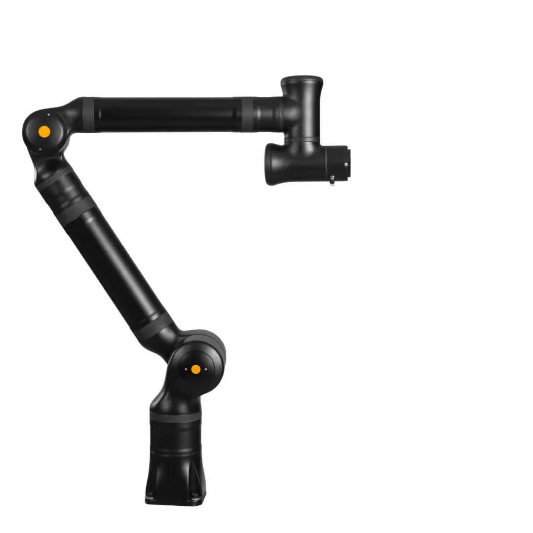 Black portable measuring arm, angled, with orange joints, against a black background.