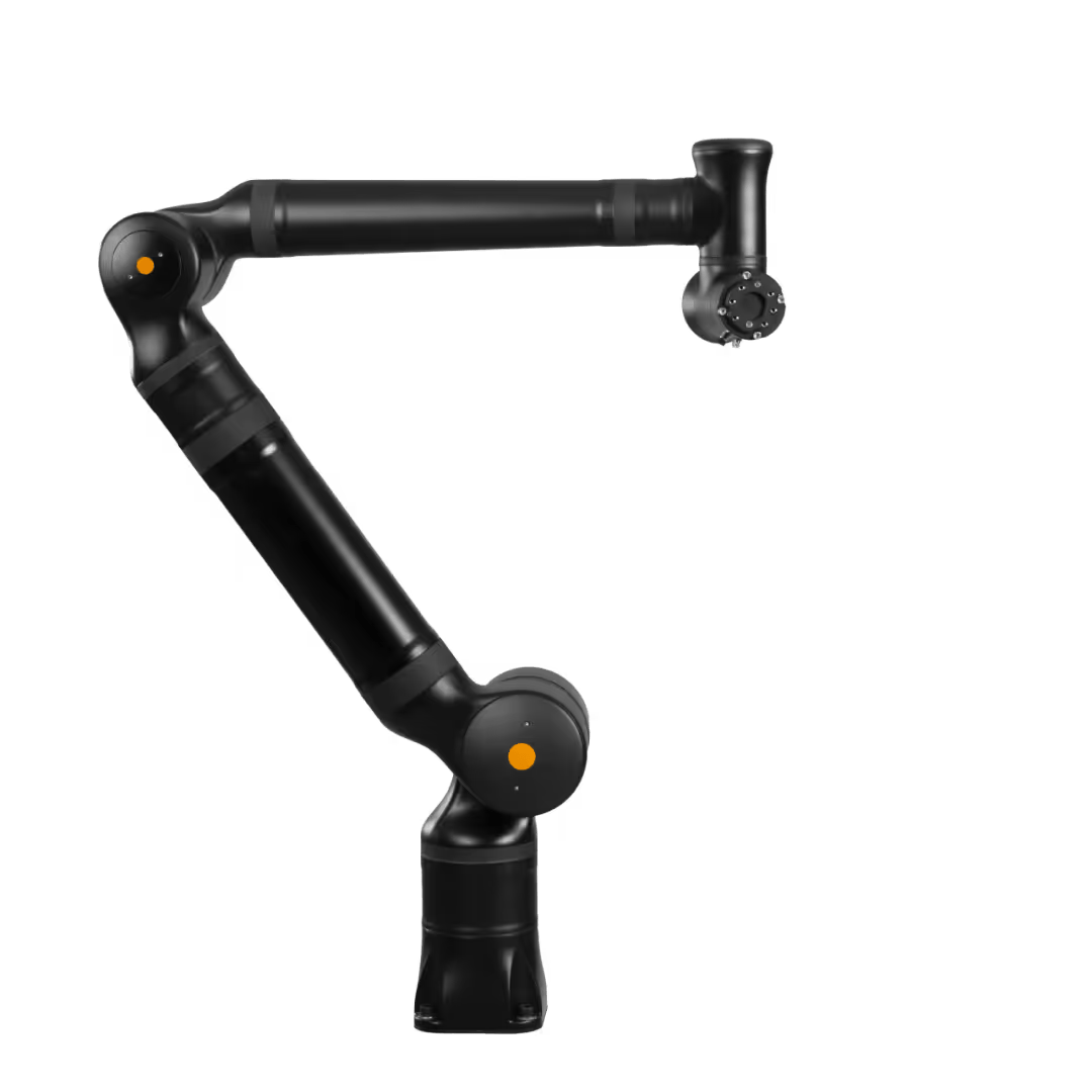 Black portable measuring arm, angled, with orange joints, against a black background.