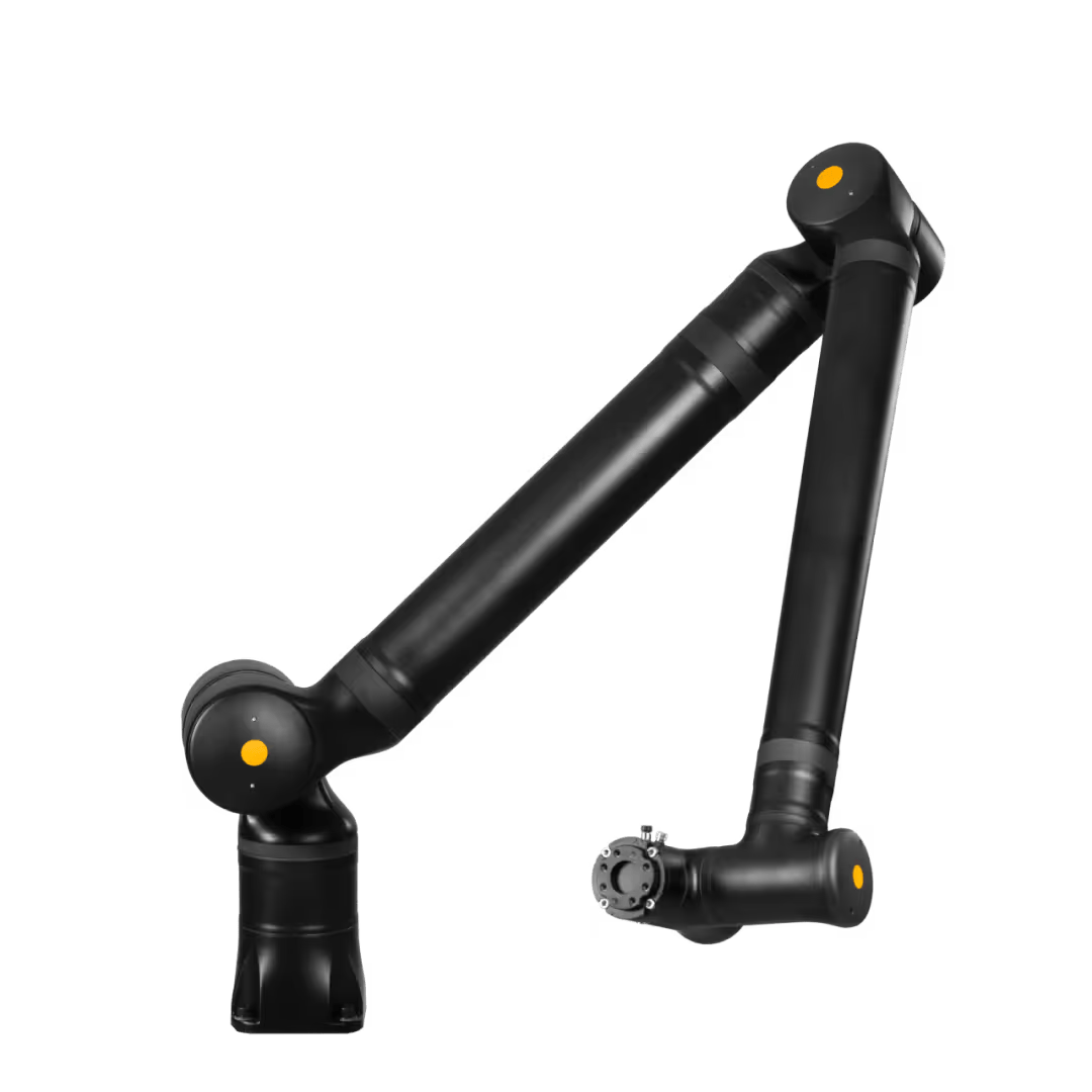 Black portable measuring arm, angled, with orange joints, against a black background.