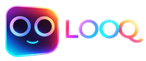 Neon-style LOOQ logo with a colorful smiling face on a dark background.