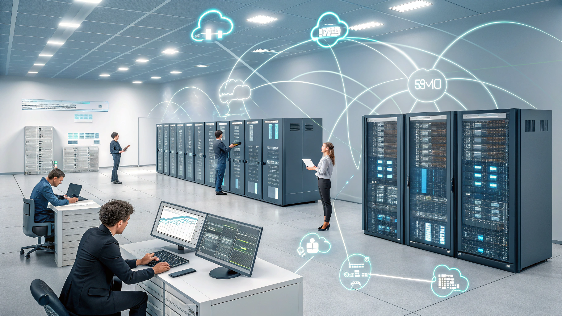 Data center with server racks, people monitoring systems and cloud network connections.