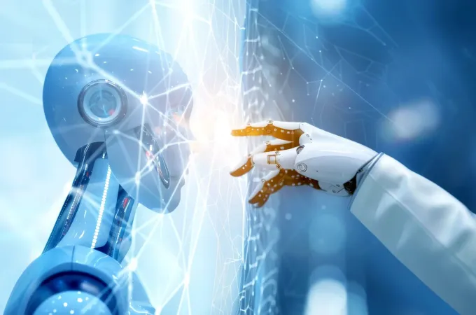 Robot head and hand reaching towards a glowing grid, with blue light accents.