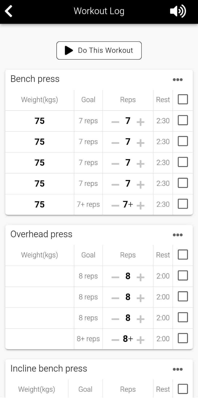 App screenshot showing the ability to log workouts once you've completed them.