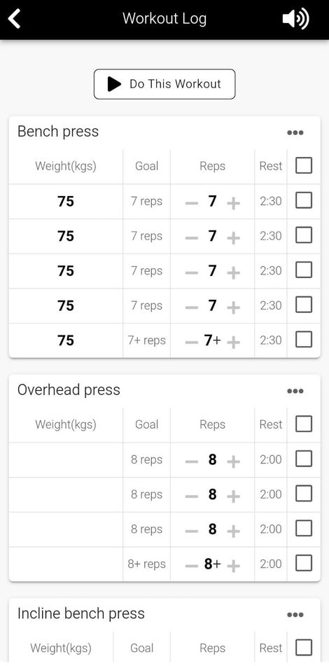 App screenshot showing the ability to log workouts once you've completed them.