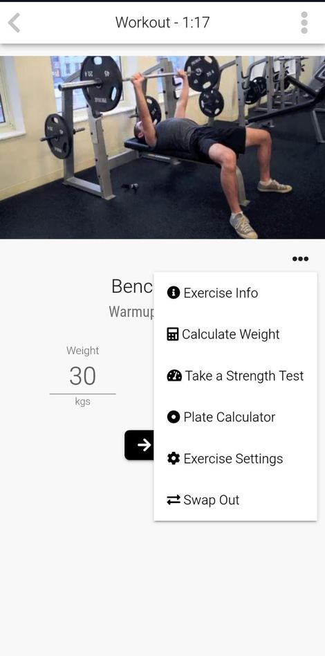 App screenshot showing the ability to set parameters of individual exercises and watch tutorials.