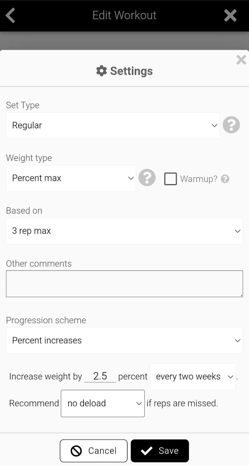 App screenshot showing workout progress customization, like setting load, progression schemes, deloads and types of sets.