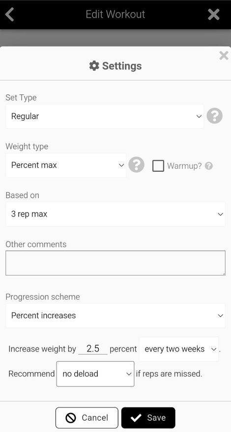 App screenshot showing workout progress customization, like setting load, progression schemes, deloads and types of sets.