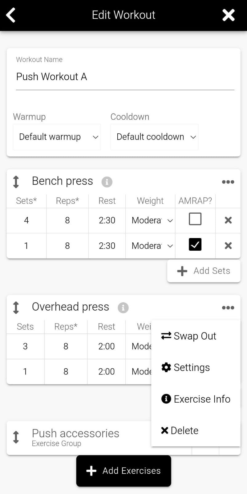 App screenshot showing exercise swaps or adjustments e.g. to manage an injury while continuing to train.