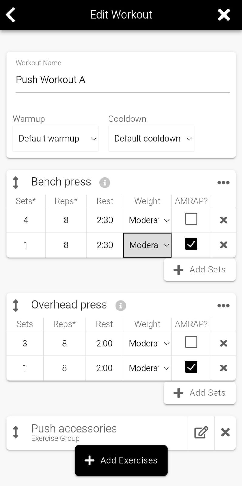 App screenshot showing the ability to fully calibrate individual workouts e.g. adjusting reps, sets, intensity, etc.