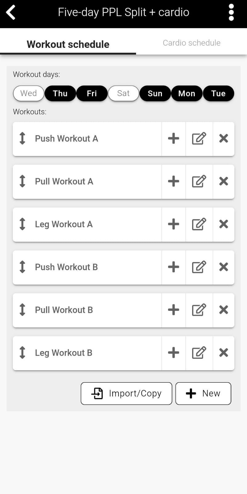 App screenshot showing the ability to change workout days and order.