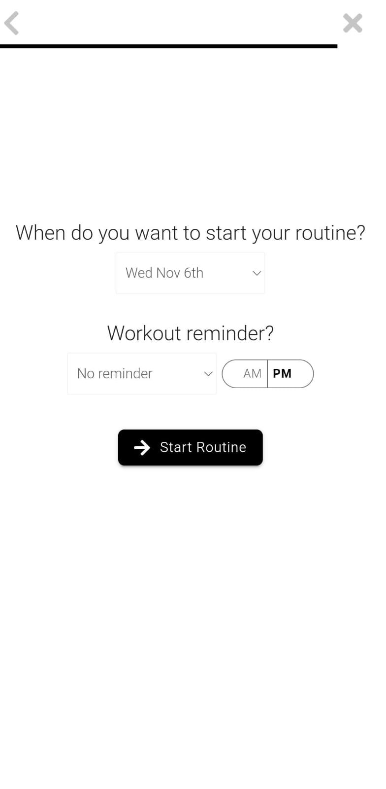 App screenshot showing the ability to set workout reminders.