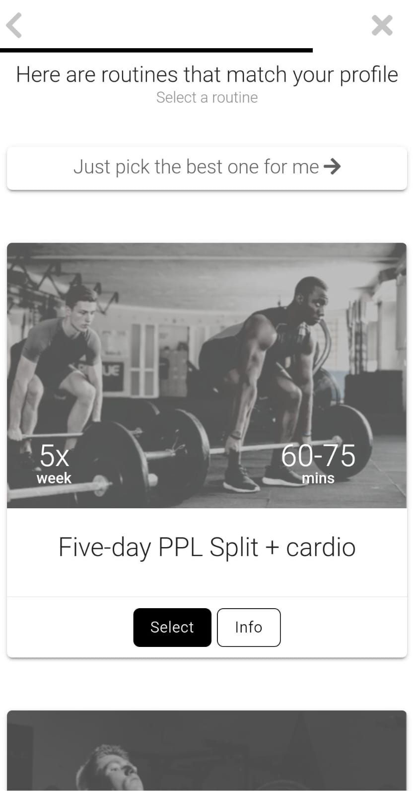 App screenshot showing auto-suggested and fully customizable workout plans based on your inputs.