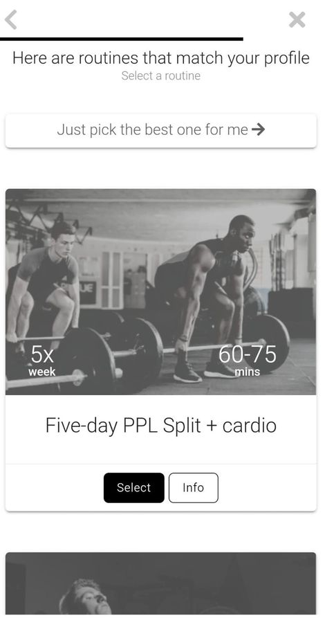 App screenshot showing auto-suggested and fully customizable workout plans based on your inputs.