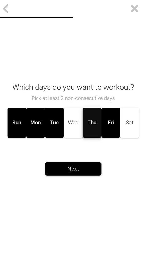 App screenshot showing the ability to select which days you are able to workout.