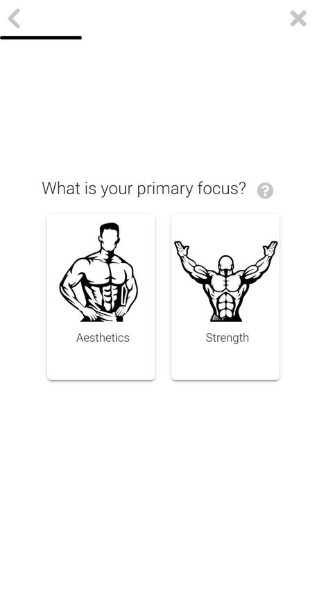 App screenshot showing the selection of whether you want to prioritize aesthetics or strength.