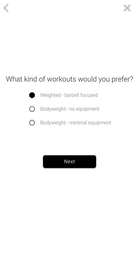 App screenshot showing the ability to select workout preferences e.g. weighted, bodyweight, etc.