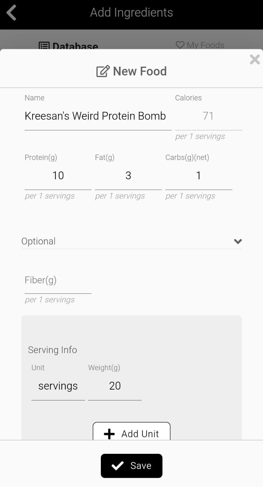 App screenshot showing custom ingredient addition, like your own protein snack or spice mix.