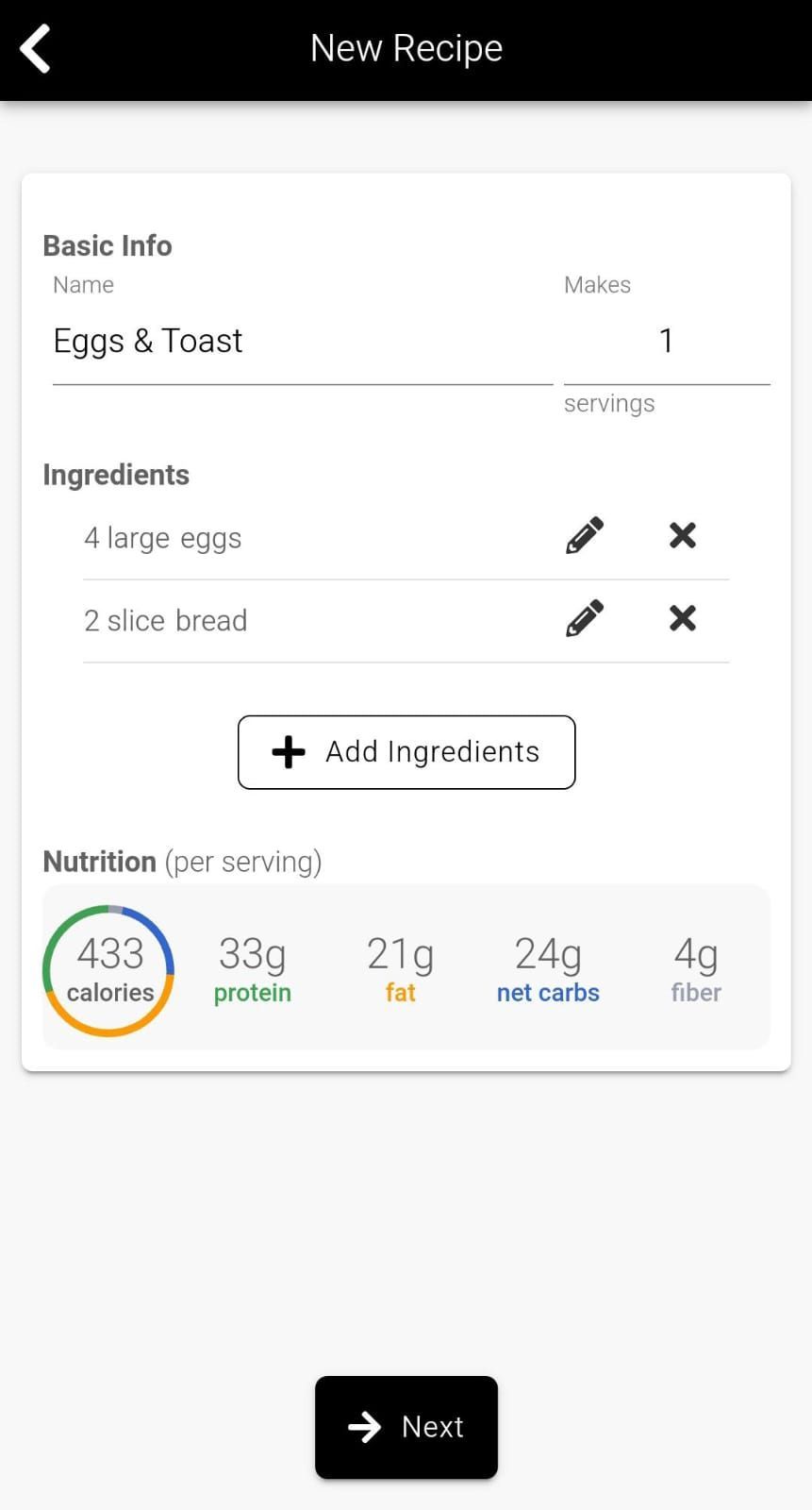 App screenshot showing the ability to add your own recipes.