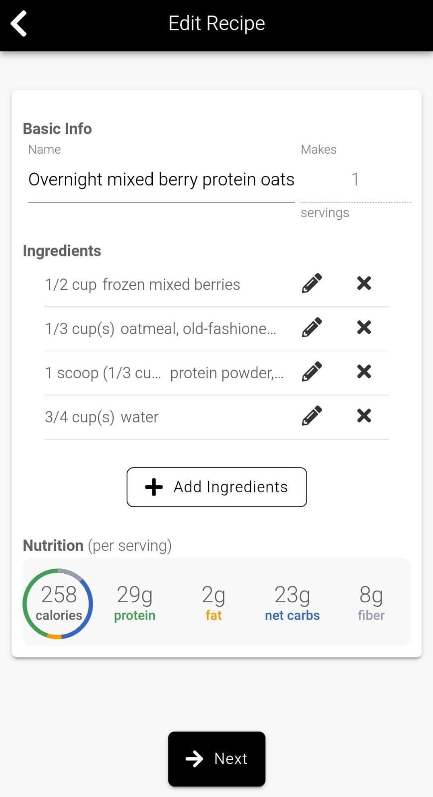 App screenshot showing adjustable meal plans, like adding 50 g of chicken to a meal to use it before it goes bad.