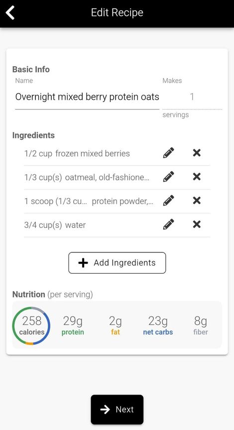 App screenshot showing adjustable meal plans, like adding 50 g of chicken to a meal to use it before it goes bad.