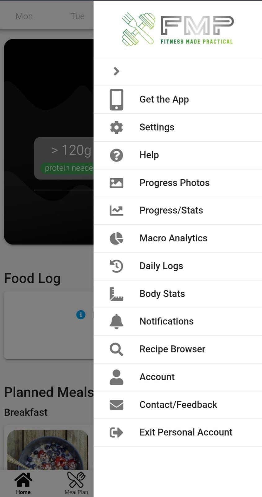 App screenshot showing features of user settings, progress tracking, analytics and recipe browsing.