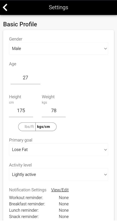 App screenshot showing personal parameters which a user can set e.g. height, weight, goals, etc.